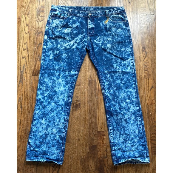 Robins Jeans Mens Size 42 Embellished Studded Long Flap Pocket Blue Acid Wash